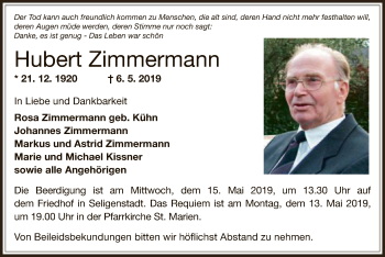Traueranzeige von Hubert Zimmermann von Offenbach