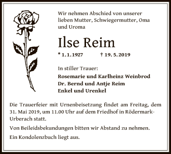 Traueranzeige von Ilse Reim von Offenbach