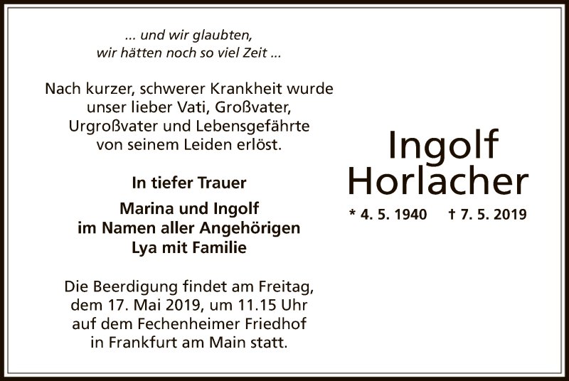  Traueranzeige für Ingolf Horlacher vom 15.05.2019 aus Offenbach