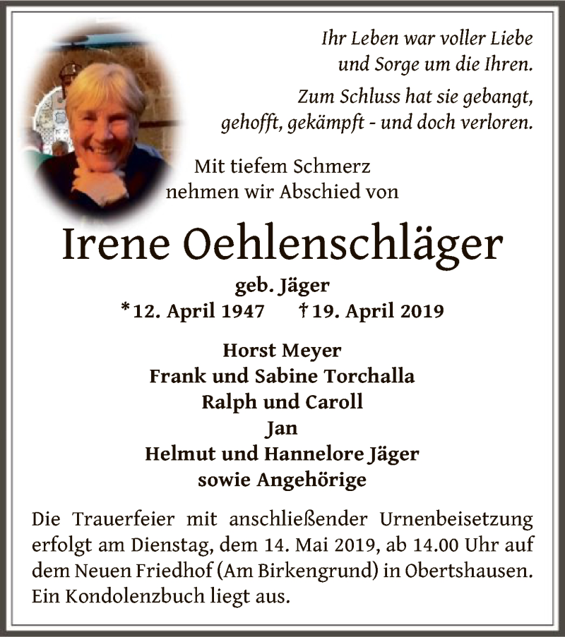  Traueranzeige für Irene Oehlenschläger vom 11.05.2019 aus Offenbach