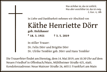 Traueranzeige von Käthe Henriette Dörr von Offenbach