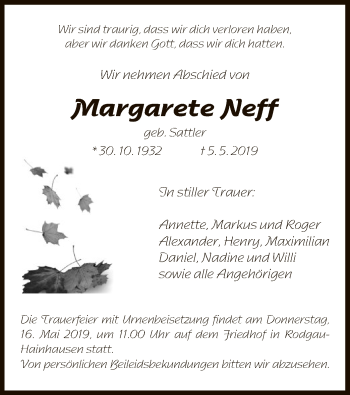 Traueranzeige von Margarete Neff von Offenbach