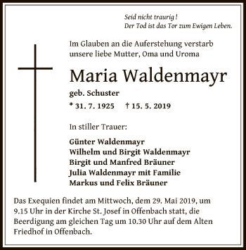 Traueranzeige von Maria Waldenmayr von Offenbach