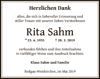 Traueranzeige von Rita Sahm von Offenbach