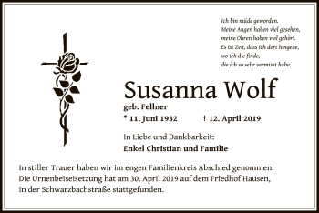 Traueranzeige von Susanna Wolf von Offenbach