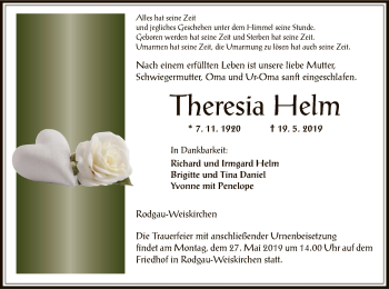 Traueranzeige von Theresia Helm von Offenbach
