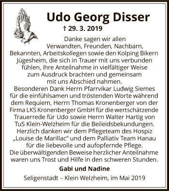 Traueranzeige von Udo Georg Disser von Offenbach