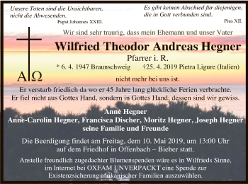Traueranzeige von Wilfried Theordor Andreas Hegner von Offenbach