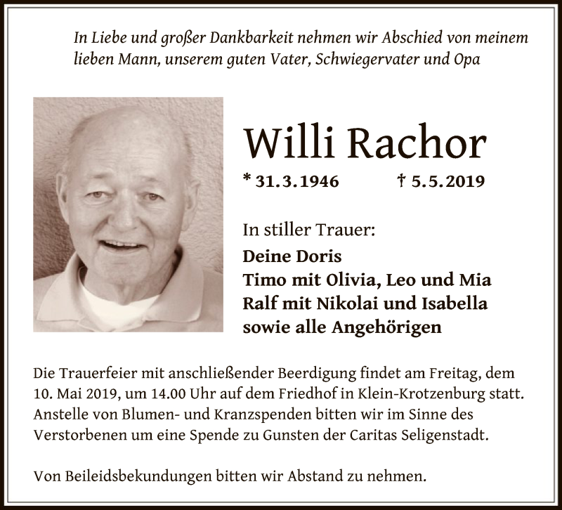  Traueranzeige für Willi Rachor vom 08.05.2019 aus Offenbach