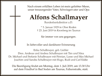 Traueranzeige von Alfons Schallmayer von Offenbach