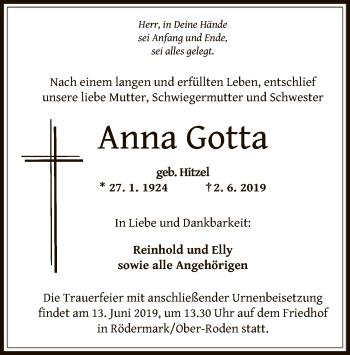 Traueranzeige von Anna Gotta von Offenbach