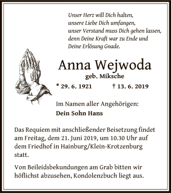 Traueranzeige von Anna Wejwoda von Offenbach