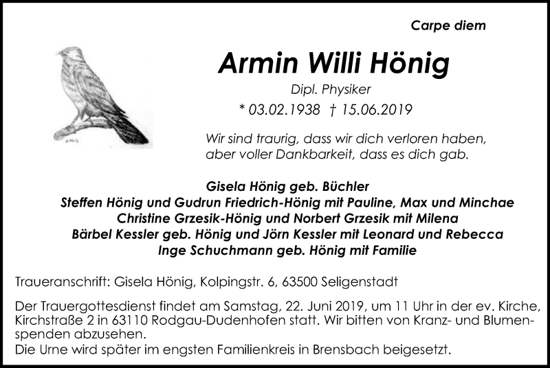  Traueranzeige für Armin Willi Hönig vom 19.06.2019 aus Offenbach