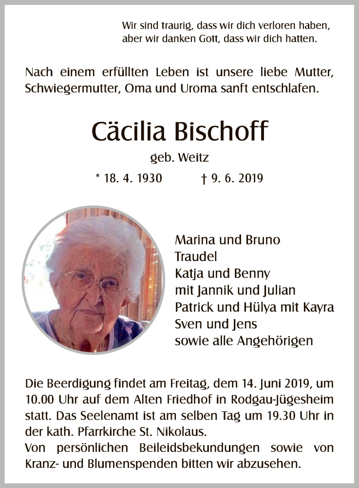  Traueranzeige für Cäcilia Bischoff vom 13.06.2019 aus Offenbach