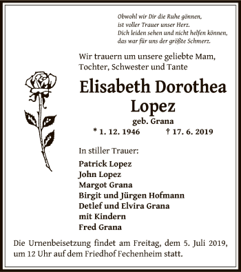 Traueranzeige von Elisabeth Dorothea Lopez von Offenbach