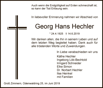 Traueranzeige von Georg Hans Hechler von Offenbach