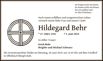 Traueranzeige von Hildegard Behr von Offenbach