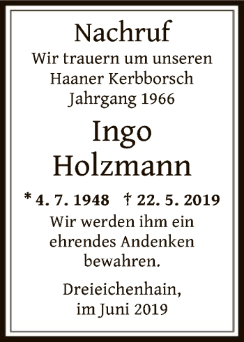 Traueranzeige von Ingo Holzmann von Offenbach