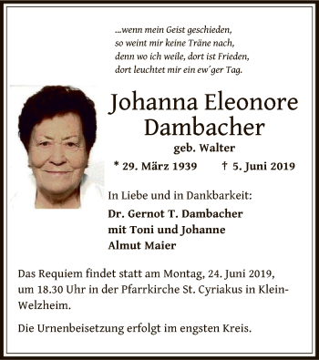 Traueranzeige von Johanna Eleonore Dambacher von Offenbach