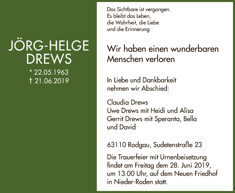  Traueranzeige für Jörg-Helge Drews vom 27.06.2019 aus Offenbach