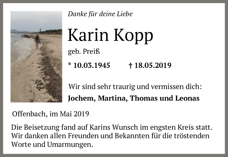  Traueranzeige für Karin Kopp vom 01.06.2019 aus Offenbach