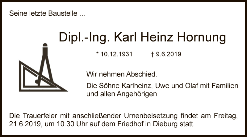  Traueranzeige für Karl Heinz Hornung vom 15.06.2019 aus Offenbach