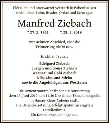 Traueranzeige von Manfred Ziebach von Offenbach