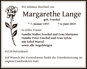 Traueranzeige von Margarethe Lange von Offenbach