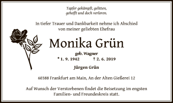 Traueranzeige von Monika Grün von Offenbach