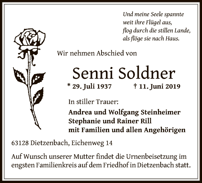  Traueranzeige für Senni Soldner vom 20.06.2019 aus Offenbach