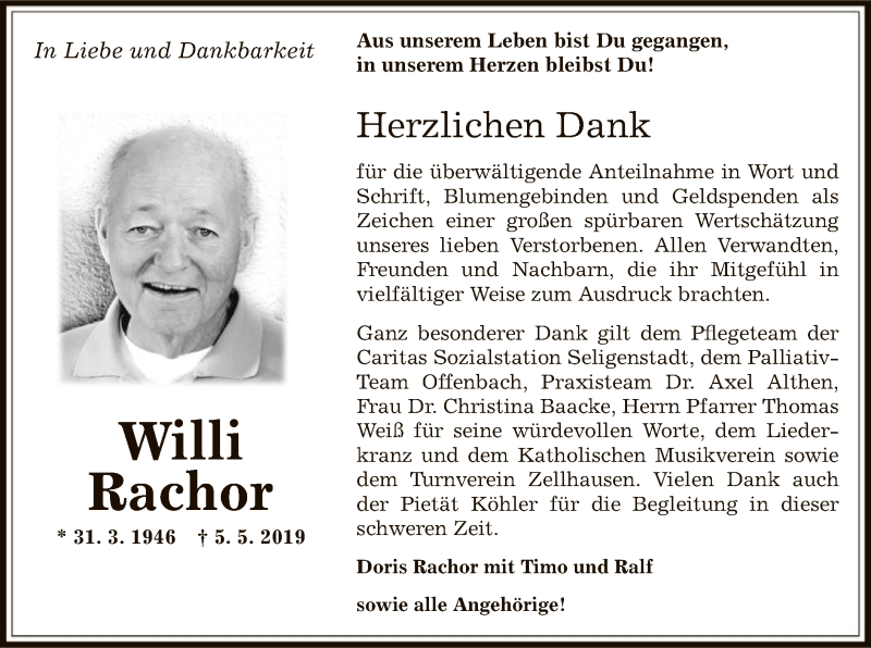  Traueranzeige für Willi Rachor vom 08.06.2019 aus Offenbach