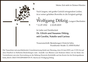 Traueranzeige von Wolfgang Dölzig von Offenbach