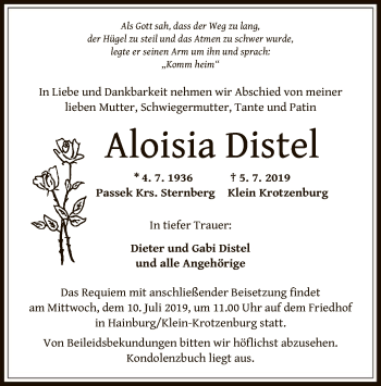 Traueranzeige von Aloisia Distel von Offenbach