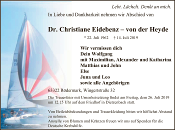 Traueranzeige von Christiane Eidebenz - von der Heyde von Offenbach