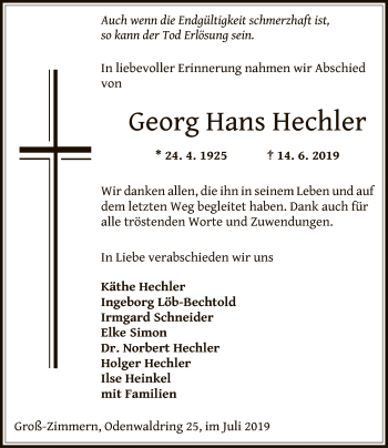 Traueranzeige von Georg Hans Hechler von Offenbach