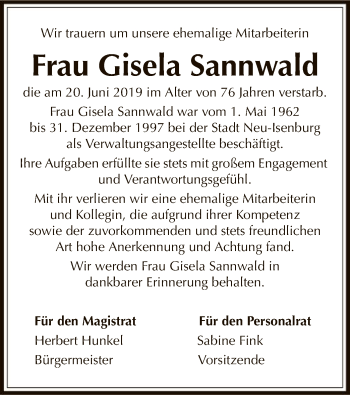 Traueranzeige von Gisela Sannwald von Offenbach