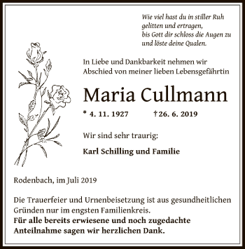 Traueranzeige von Maria Cullmann von Offenbach