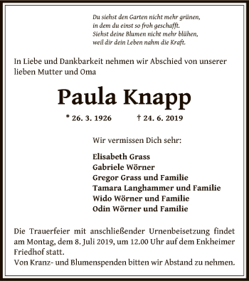 Traueranzeige von Paula Knapp von Offenbach