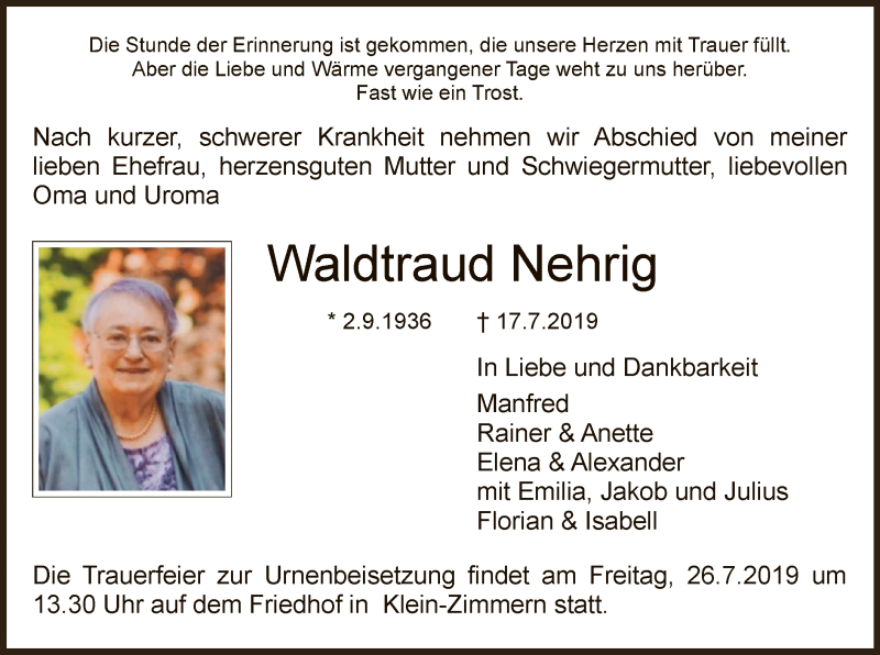  Traueranzeige für Waldtraud Nehrig vom 20.07.2019 aus Offenbach