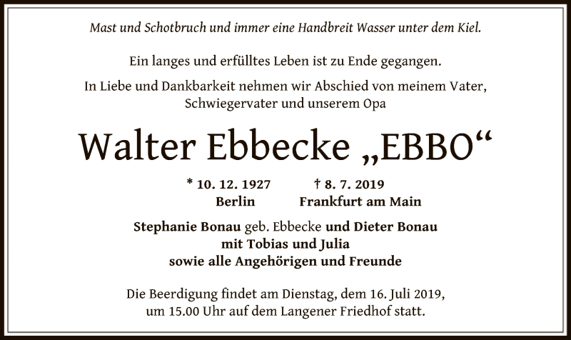  Traueranzeige für Walter Ebbecke vom 12.07.2019 aus Offenbach