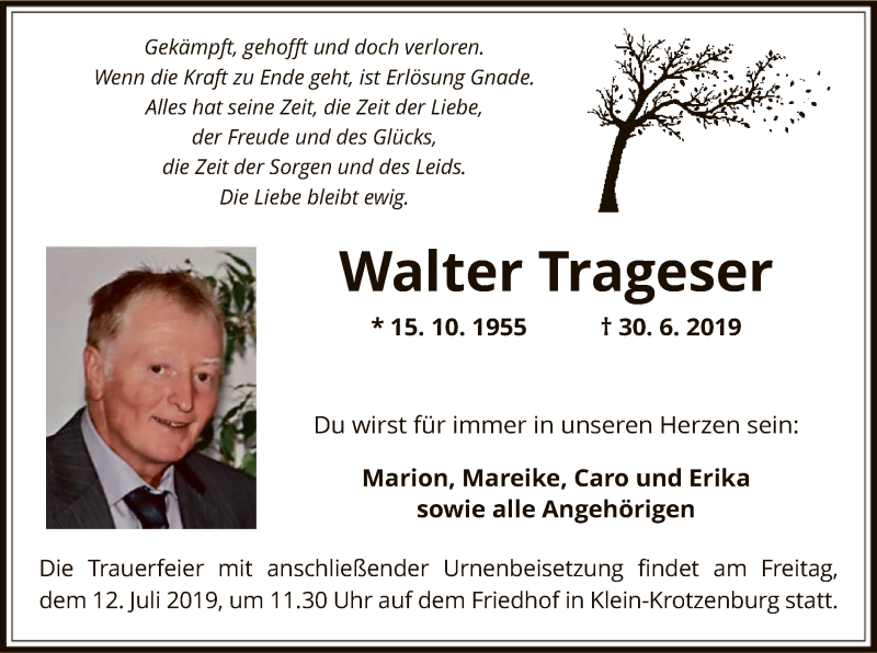  Traueranzeige für Walter Trageser vom 10.07.2019 aus Offenbach