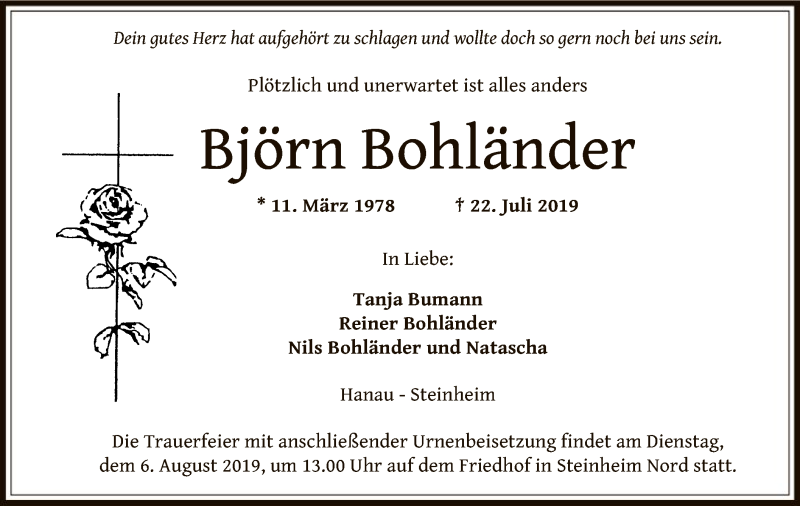  Traueranzeige für Björn Bohländer vom 01.08.2019 aus Offenbach