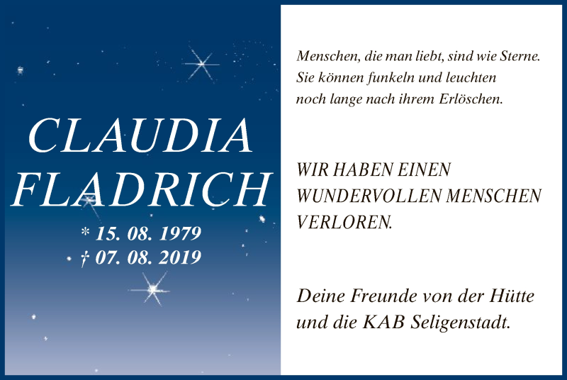 Traueranzeige für Claudia Fladrich vom 14.08.2019 aus Offenbach