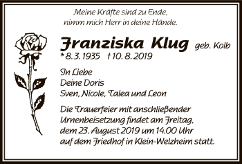 Traueranzeige von Franziska Klug von Offenbach