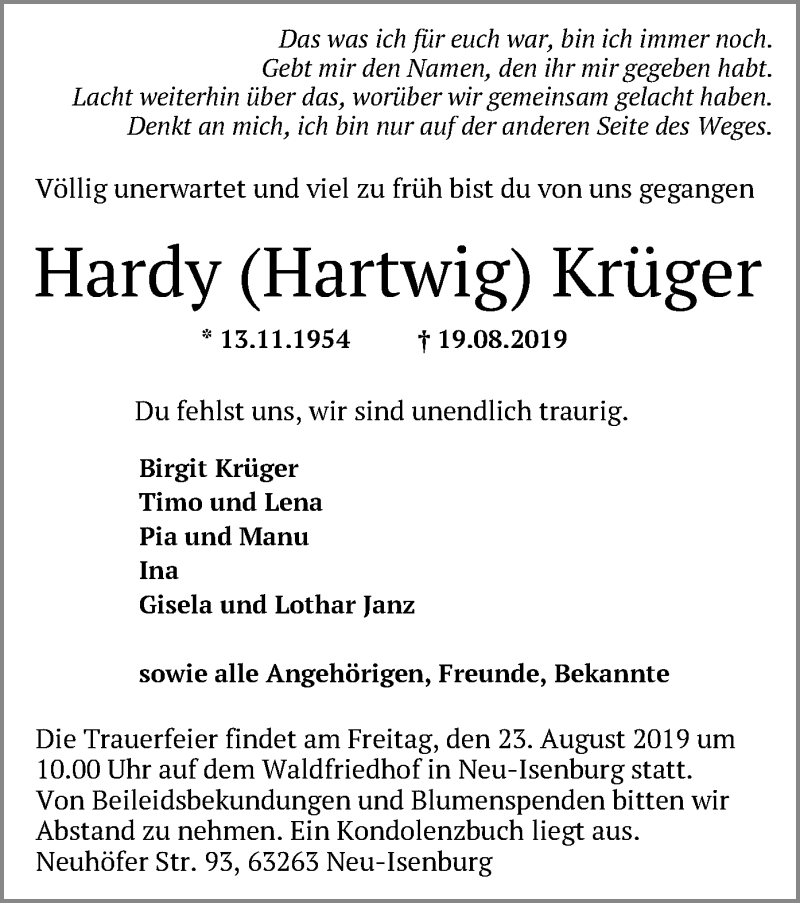  Traueranzeige für Hardy Krüger vom 22.08.2019 aus Offenbach