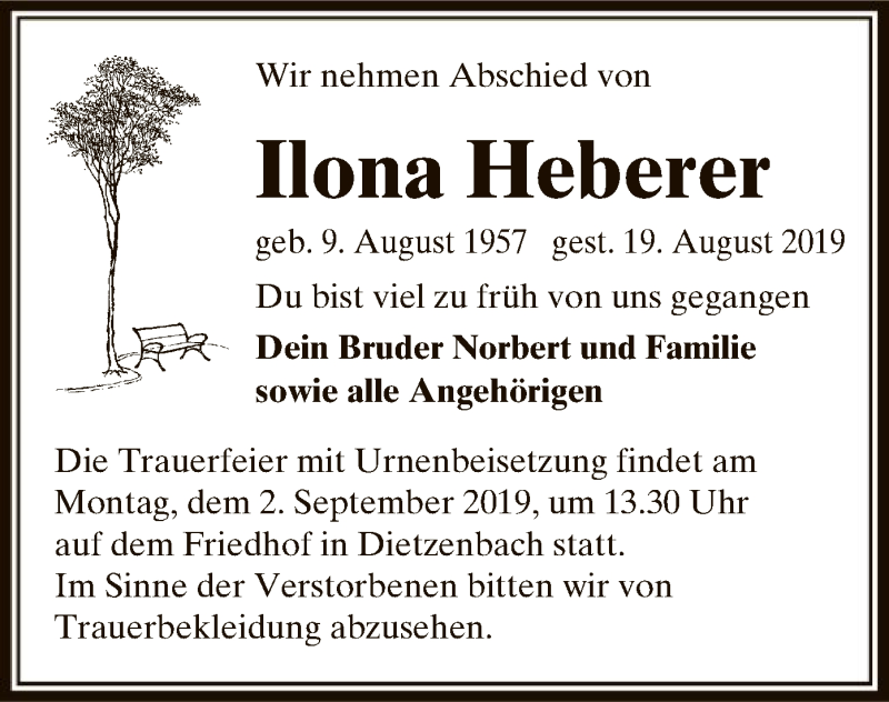  Traueranzeige für Ilona Heberer vom 29.08.2019 aus Offenbach