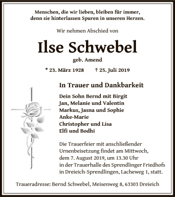 Traueranzeige von Ilse Schwebel von Offenbach