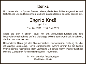 Traueranzeige von Ingrid Kreß von Offenbach