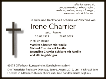 Traueranzeige von Irene Charrier von Offenbach