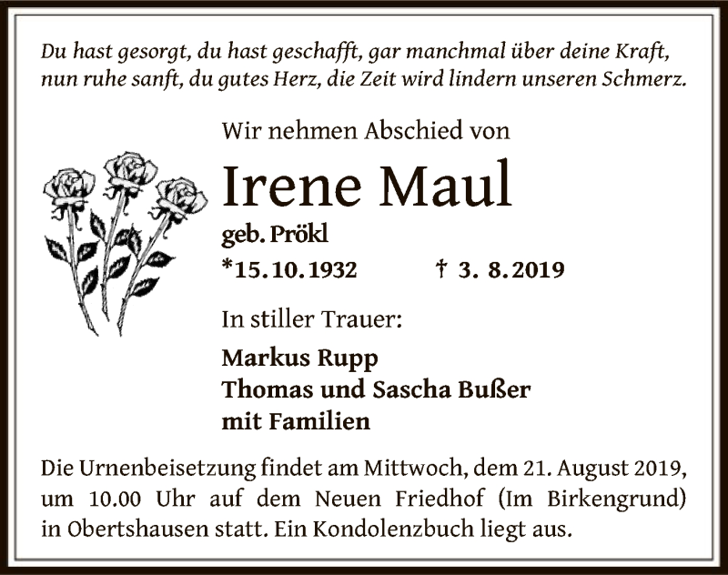  Traueranzeige für Irene Maul vom 17.08.2019 aus Offenbach